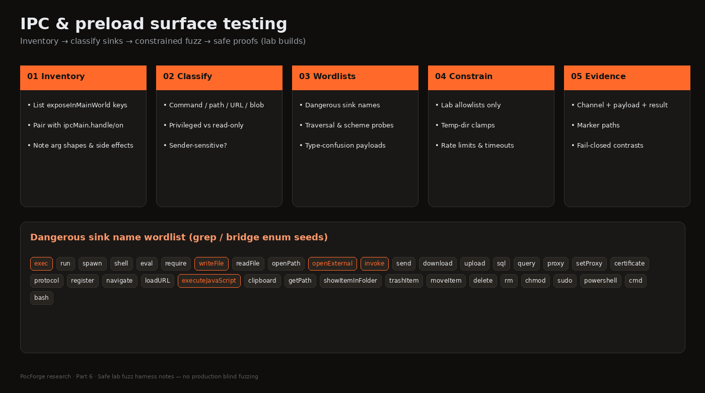 Five-step diagram for IPC and preload surface testing with dangerous sink wordlist