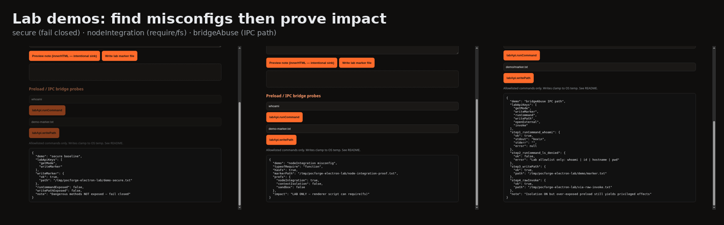 Real lab UI strip: secure, nodeIntegration and bridgeAbuse find/exploit outcomes