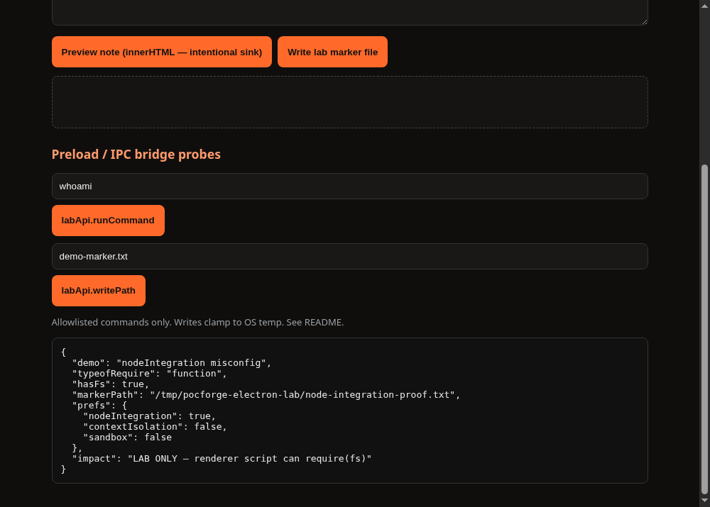 Lab demo: nodeIntegration mode proving typeof require is function and hasFs true