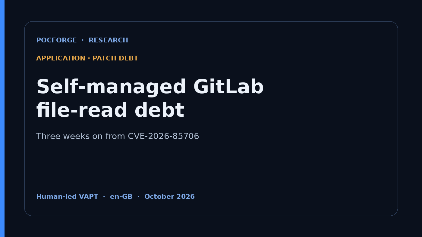 PoCForge research card: self-managed GitLab file-read patch debt CVE-2026-85706